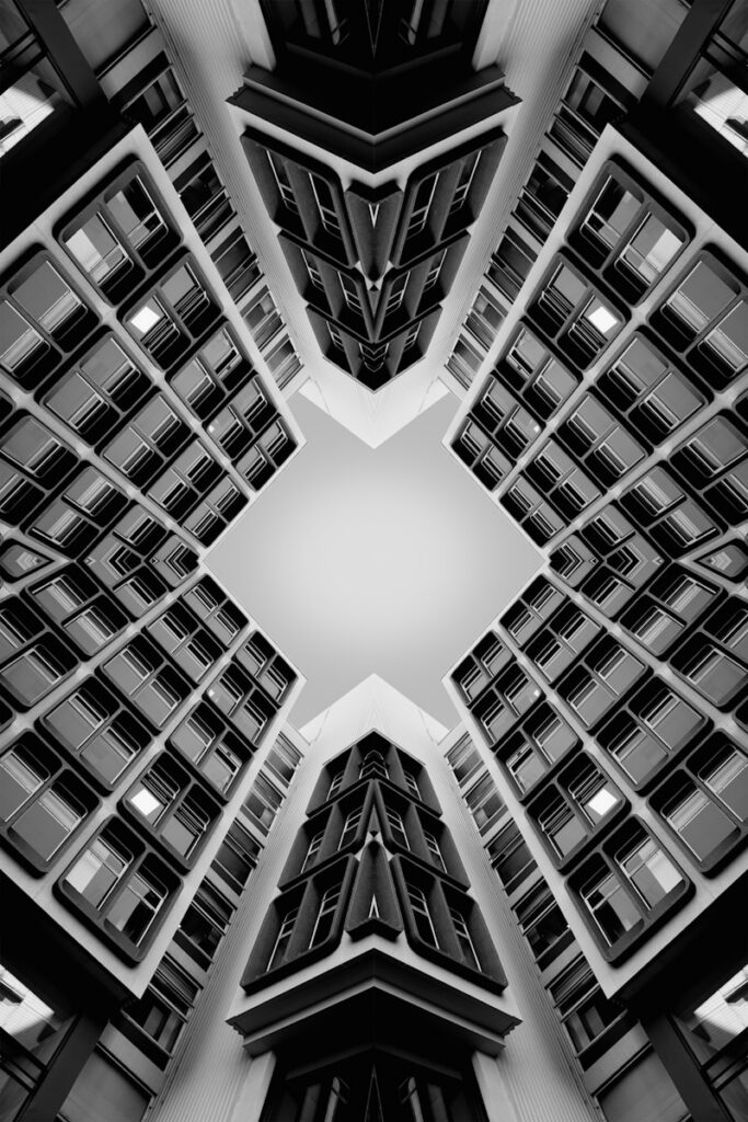 Symmetrical abstract view of buildings looking upwards